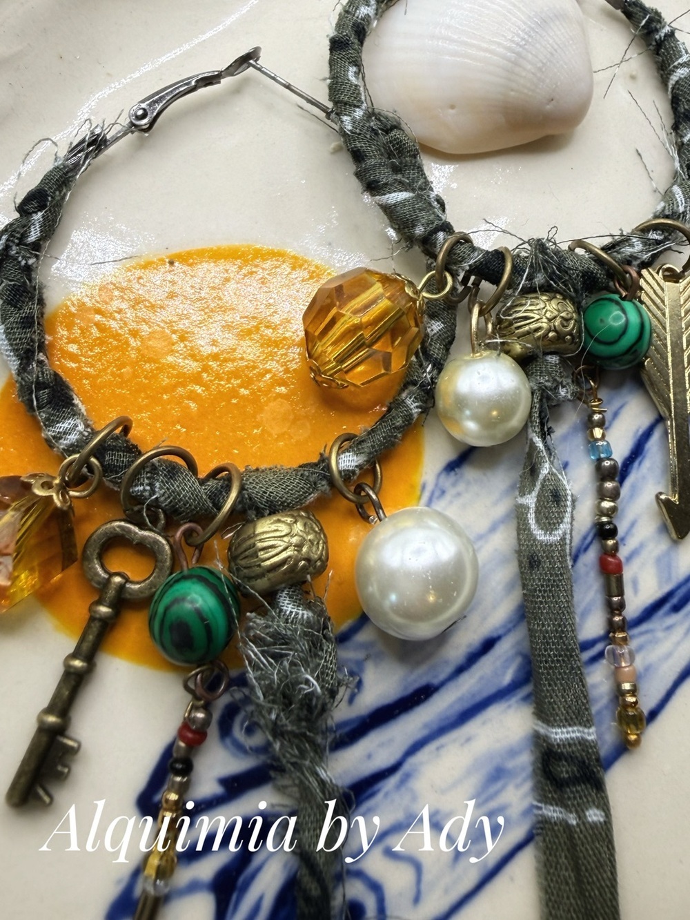 Green & Gold Hoop Earrings with Pearl malachite and Amber Accents